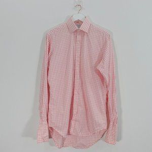 TM Lewin Mens Dress Shirt Size 15.5 Pink Check Plaid Cotton Gingham Light LONDON